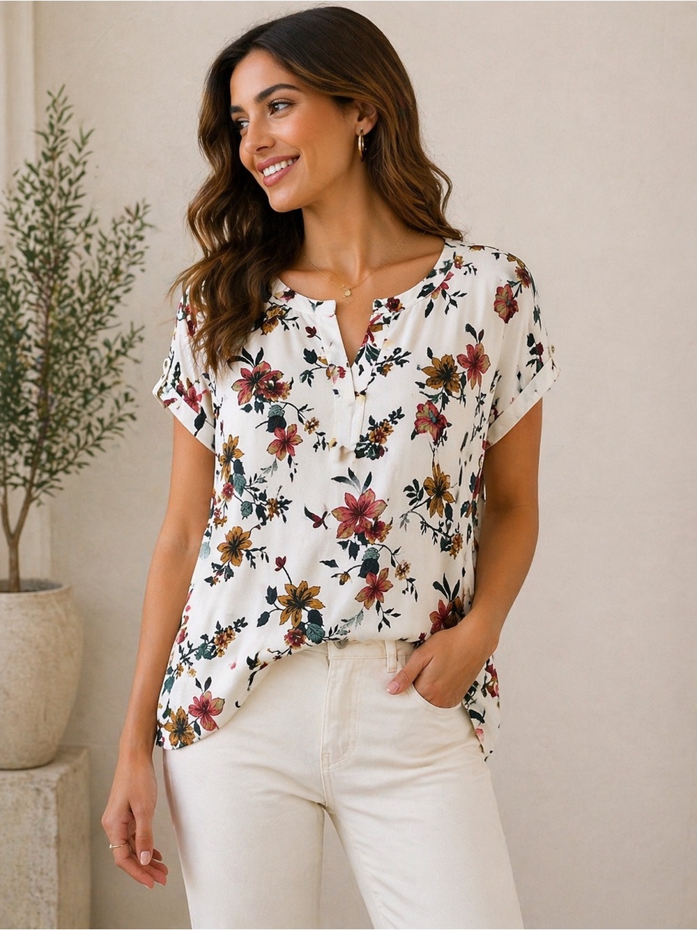 Floral Short-Sleeve Notch V-Neck Blouse in Ivory